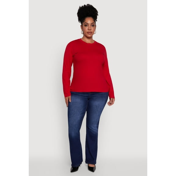 Womens Plus Size Basic Long Sleeve Crew Neck T-Shirt