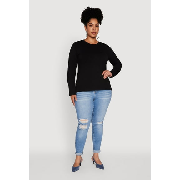 Womens Plus Size Basic Long Sleeve Crew Neck T-Shirt