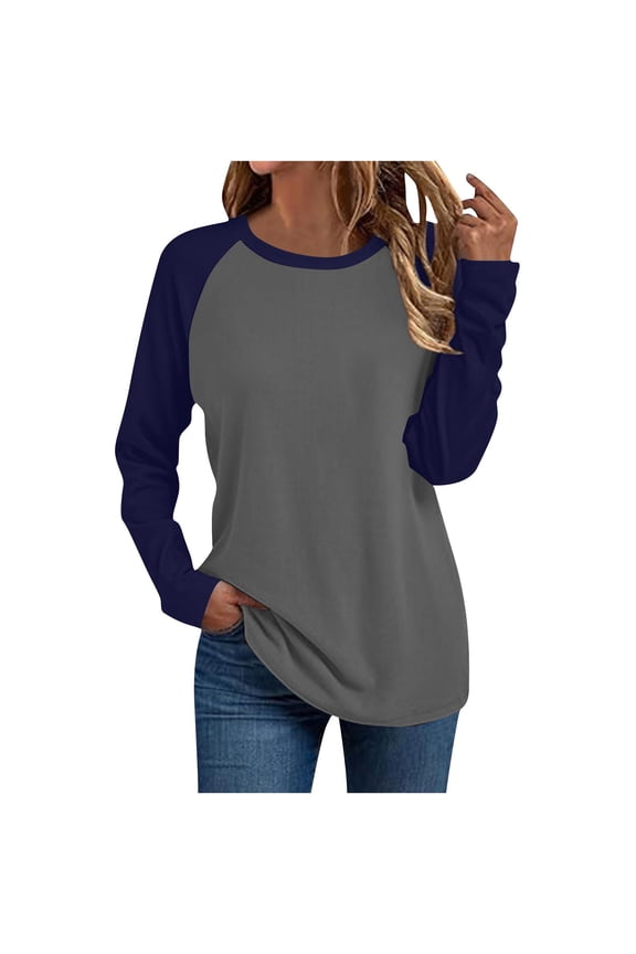 Womens Plus Size Basic Tops, Long Sleeve Shirts for Women Fashion Loose Fit Color Patchwork Raglan Sleeve Crewneck Tees Fall Clothes