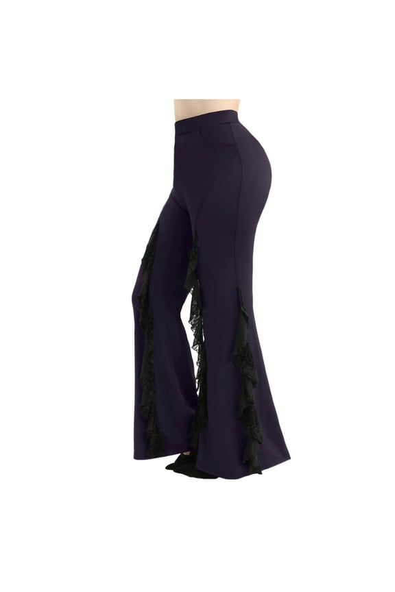 Womens Plus Size Bell Bottoms Gothic Flare Pants Goth Flare Pant Lace Panel Pull On Pants Medieval Punk Gothic Trousers Casual Lounge Pants Halloween Outfits 2025