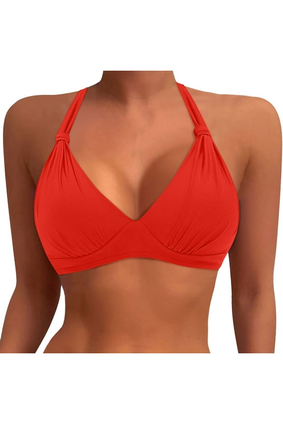 Womens Plus Size Bikini Top Women's Plus Size Solid Color Bikini Top Large Bust Swim Top Full Coverage Swimsuit Top Sport Bra Bathing Suit Top No Bottom Red XXL