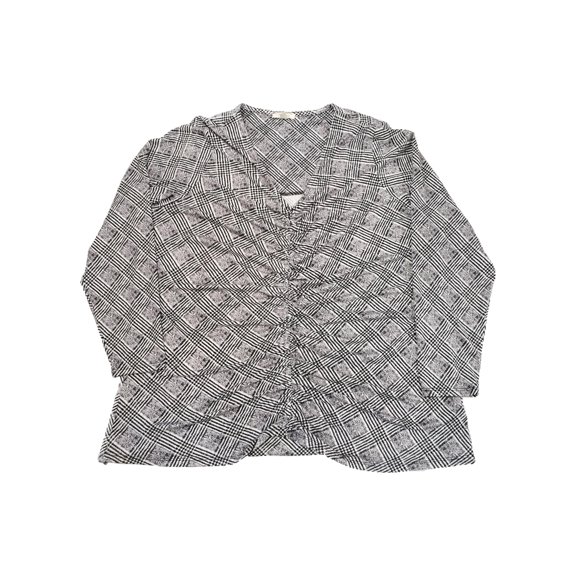 Womens Plus Size Black Houndstooth Stripe Ruched Long Sleeve Top Blouse 2X