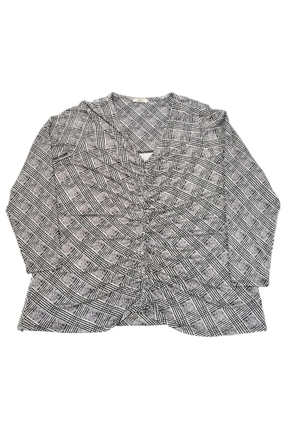 Womens Plus Size Black Houndstooth Stripe Ruched Long Sleeve Top Blouse 2X