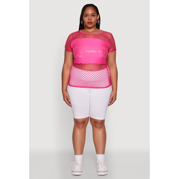 Womens Plus Size Blessed Rhinestone Fishnet Top with Crew Neck