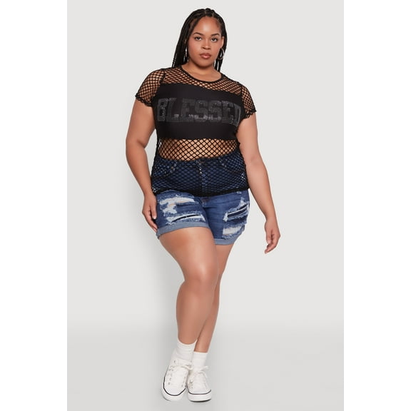 Womens Plus Size Blessed Rhinestone Fishnet Top with Crew Neck
