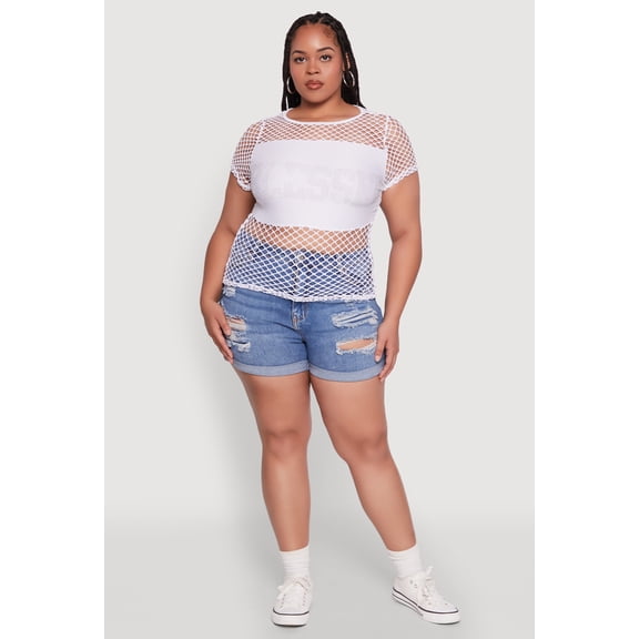 Womens Plus Size Blessed Rhinestone Fishnet Top with Crew Neck