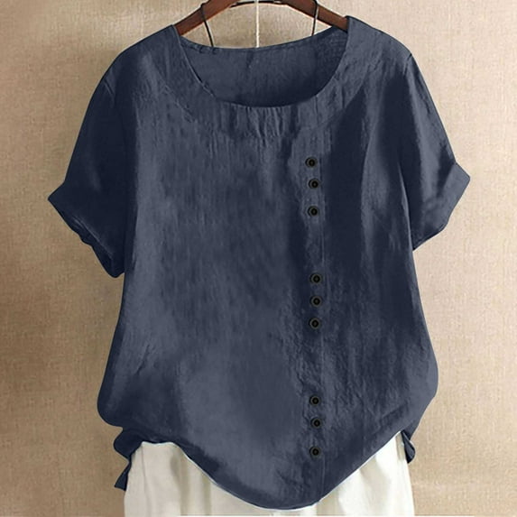 Womens Plus Size Blouses Casual Short Sleeve Button Down Round Neck T Shirts Ladies Cute Loose Solid Color Pullover Basic Lightweight Going Out Tops