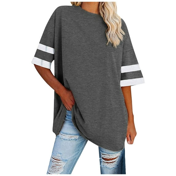 Womens Plus Size Blouses Color Block Crew Neck Tops Short Sleeve Basic Casual Loose Fit Tee 2025 Fashion Shirts
