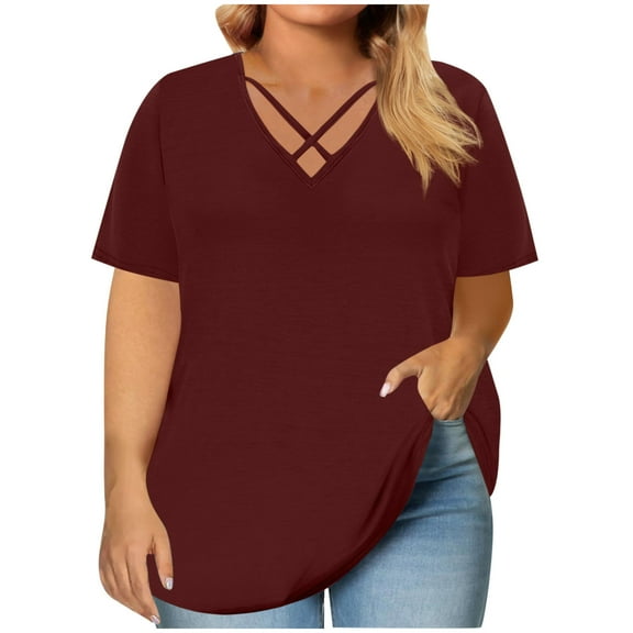 Womens Plus Size Blouses Criss Cross V Neck Tops Short Sleeve Solid Color T Shirts Summer Casual Tunic Tops Loose Fit Blouse