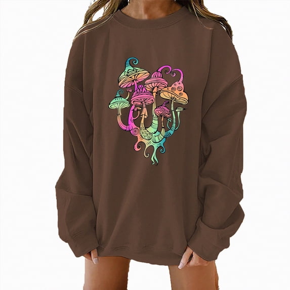 Womens Plus Size Blouses Fall Loose Fit Crew Neck Long Sleeve Bubble One Shoulder Mushroom Print Leisure Cotton Sweatshirt Hoodie(Brown,XL)