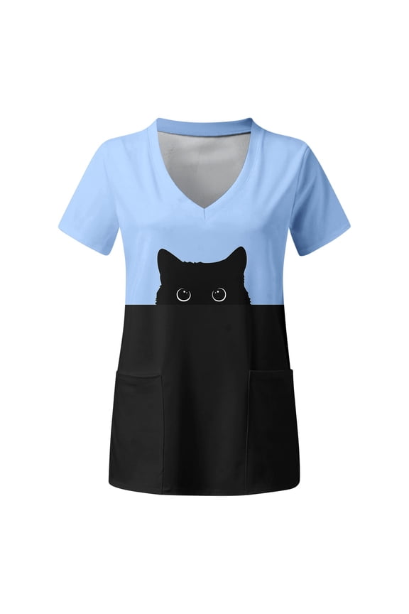 Womens Plus Size Blouses V-Neck Cute Cat Printed Tops with Pockets Summer Casual Basic Cute 2025 Short Sleeve Shirt Vacation Fashion Tee