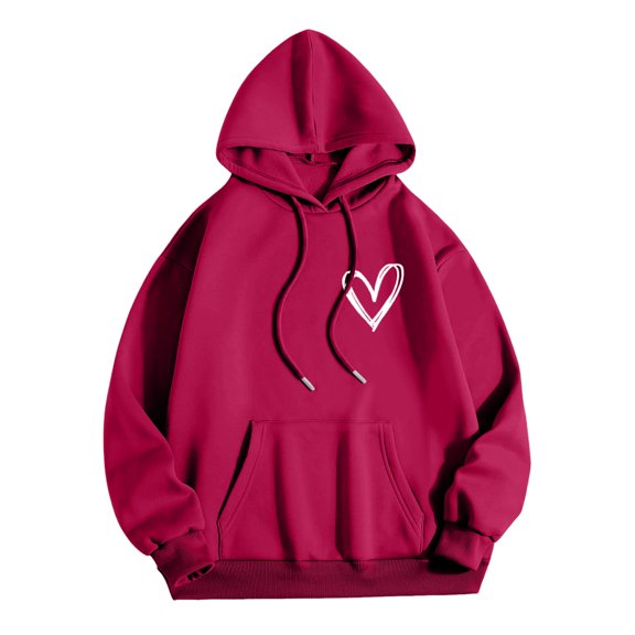 Womens Plus Size Blouses Winter Basic Hooded Long-sleeved Cap Drop Shoulder with Pocket Love Printed Pullover Flannel Top Pullovers(Red,L)
