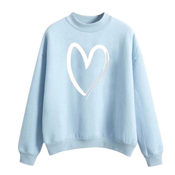 Womens Plus Size Blouses Winter Relaxed Fit Crew Neck Long Sleeve Bubble Off the Shoulder Ribbed Knit Heart Print Leisure Cotton Sweatshirt (Light Blue,XXL)