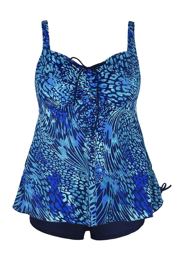 Womens Plus Size Blue Leopard Print Tie Back Fashion Swimsuit Tankini Swimwear Set