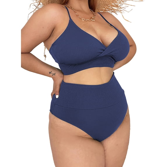 Womens Plus Size Blue Tie Back High Waist Solid Color Bikini Swimwear Set