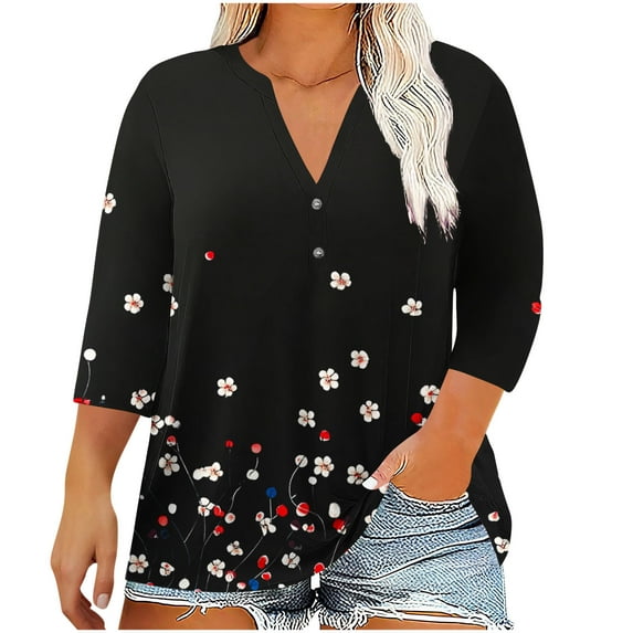 Womens Plus Size Boho Floral Printed Top V Neck Henley Button Tunic Shirts 3/4 Sleeve Casual Loose Tee Summer Lightweight Blouse