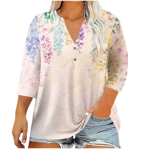 Womens Plus Size Boho Floral Printed Top V Neck Henley Button Tunic Shirts 3/4 Sleeve Casual Loose Tee Summer Lightweight Blouse