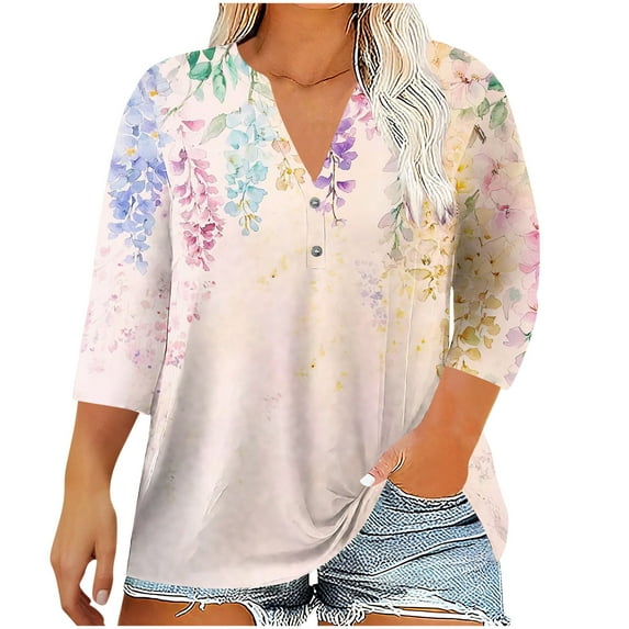 Womens Plus Size Boho Floral Printed Top V Neck Henley Button Tunic Shirts 3/4 Sleeve Casual Loose Tee Summer Lightweight Blouse
