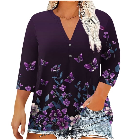 Womens Plus Size Boho Floral Printed Top V Neck Henley Button Tunic Shirts 3/4 Sleeve Casual Loose Tee Summer Lightweight Blouse