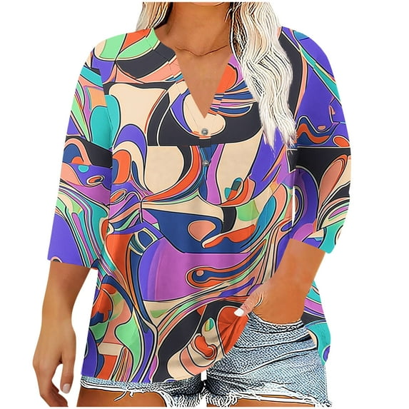 Womens Plus Size Boho Floral Printed Top V Neck Henley Button Tunic Shirts 3/4 Sleeve Casual Loose Tee Summer Lightweight Blouse