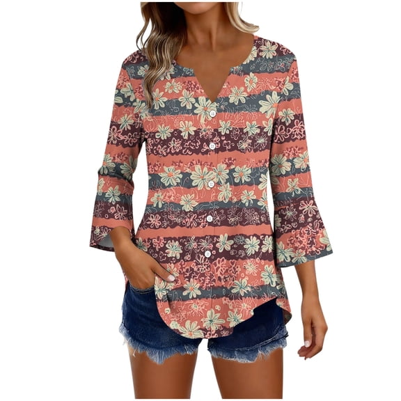 Womens Plus Size Brown Boho V-Neck Bell Sleeve Button Down Tunic Top with Pockets,Size 2XL
