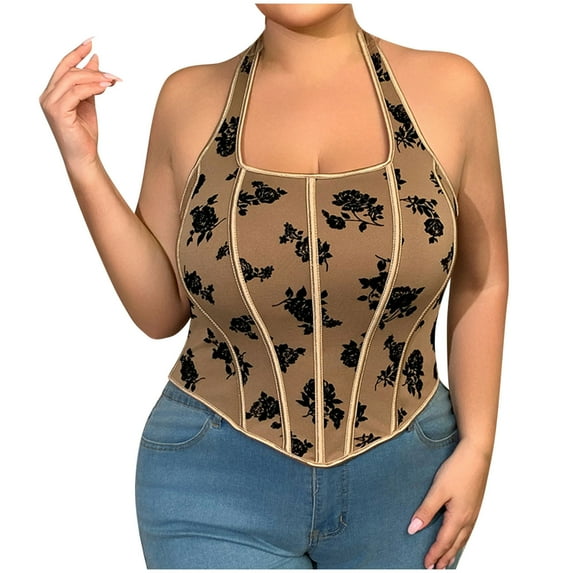 Womens Plus Size Bustier Corsets Halter Going Out Corset Tops Boned Waist Cincher Sleeveless Lace Up Bodice Brown, XXXXL