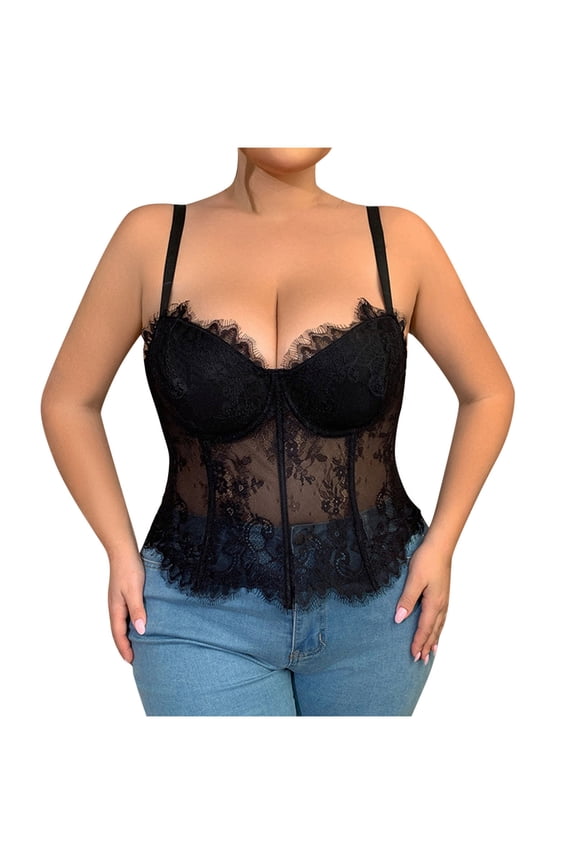 Womens Plus Size Bustier Corsets Lace Going Out Tank Corset Tops Boned Waist Cincher Sleeveless Lace Up Bodice Black, XL