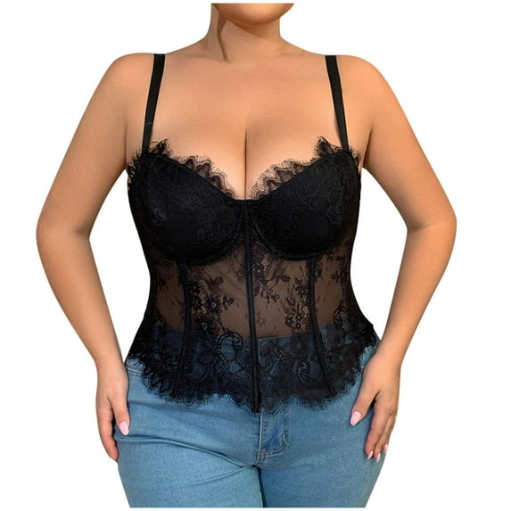 Womens Plus Size Bustier Corsets Lace Going Out Tank Corset Tops Boned Waist Cincher Sleeveless Lace Up Bodice Black, XXXL