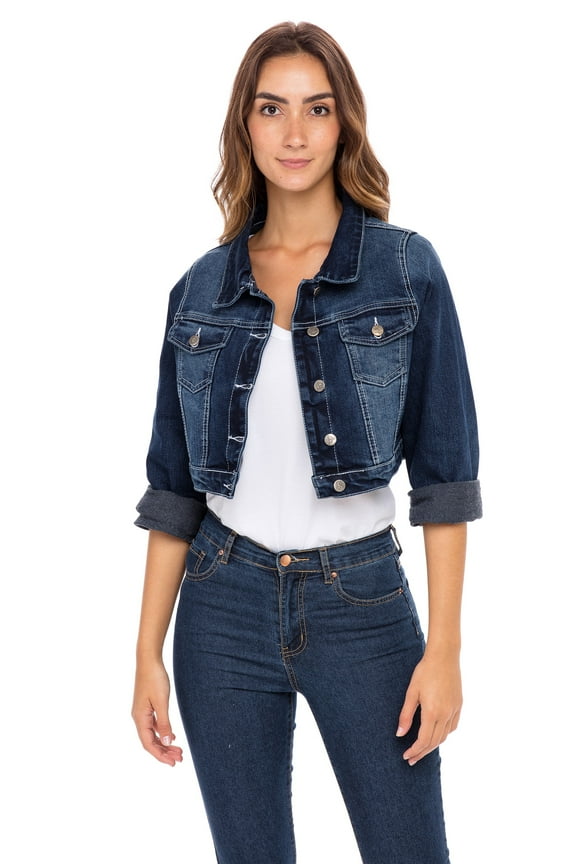 Womens Plus Size Button Closed Cropped Jean Jacket Stretch Ladies Denim Jacket Oversize Coat