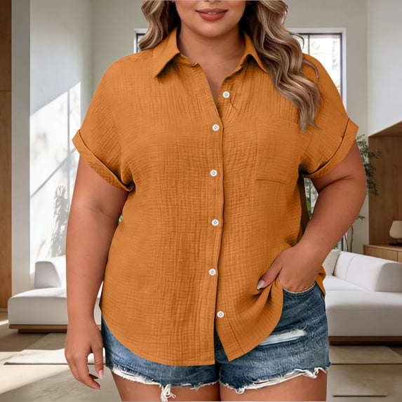 Womens Plus Size Button Down Shirts,L-4XL Business Casual Top,Non-Iron Soft Breathable Casual Short Sleeve Lapel Blouse