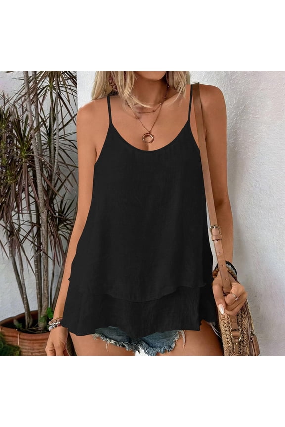Womens Plus Size Cami Top 100% Cotton Sleeveless Flowy Tank Top Double Layer Ruffle Hem U-Neck Loose Fit Spaghetti Strap Black,Size 4XL