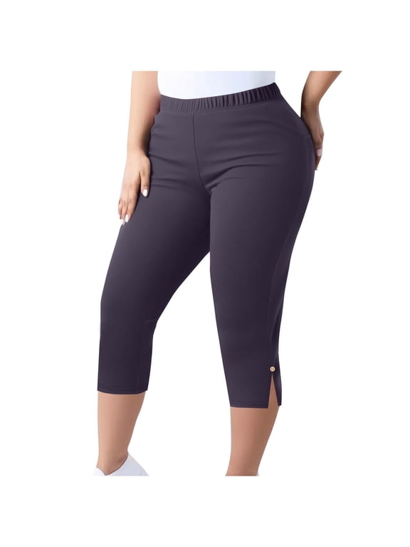 Womens Plus Size Capri Leggings High Waist Tummy Control Stretchy Pants Workout Yoga Side Slit Cropped Trousers Dark Purple 2XL