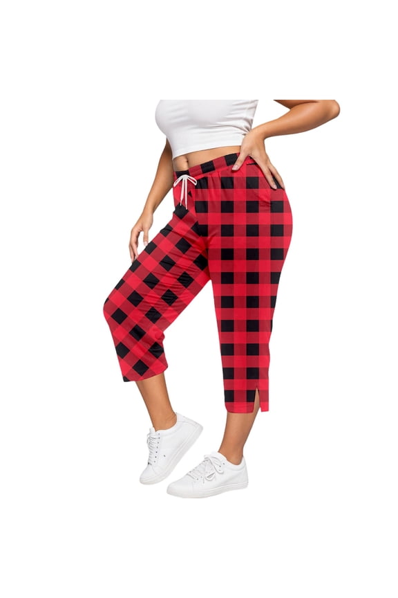 Womens Plus Size Capris Casual Pants with Pockets Soft Stretchy Yoga Trousers Exercise Camo Red XXXXXXXL