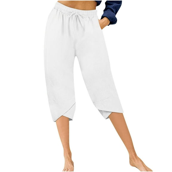 Womens Plus Size Capris New Summer Capris Pants for Women Casual High Waist Lounge Pants Elastic Waist Baggy Cropped Trousers Beach Outfit White M