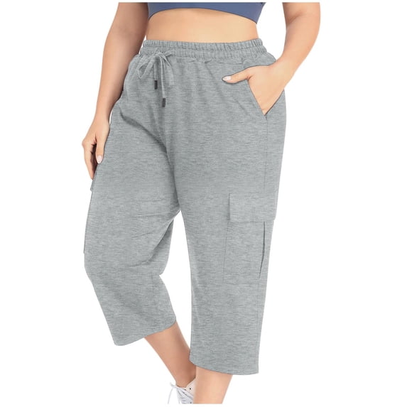 Womens Plus Size Capris Pants - Drawstring Elastic Waist Loose Outdoor Summer Casual Cropped Pants with Pockets