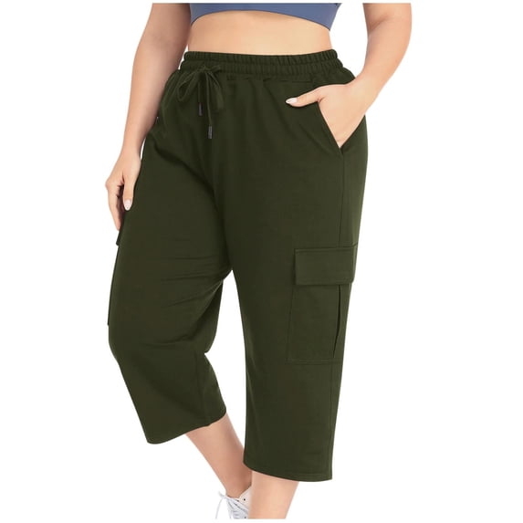 Womens Plus Size Capris Pants - Drawstring Elastic Waist Loose Outdoor Summer Casual Cropped Pants with Pockets