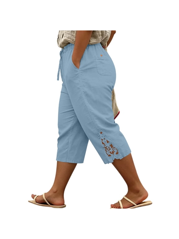 Womens Plus Size Capris Pull on, Lightweight Cotton 3/4 Pants with Pockets, Drawstring Elastic Waist Solid Color Capri Joggers for Women for Hot Summer | TruHer,Wine 5XL