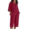 thumbnail image 1 of Womens Plus Size Capris Sets, Summer 2 Piece Linen Outfits, 3/4 Sleeve Side Slit Blouse Tops Cropped Pants with Pockets Wine 5XL, 1 of 5