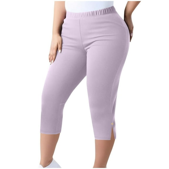 Womens Plus Size Capris Soft Spandex Capri Leggings Elastic Waist Pull on Stretch Split Hem Pant, 2XL Purple#A|Split
