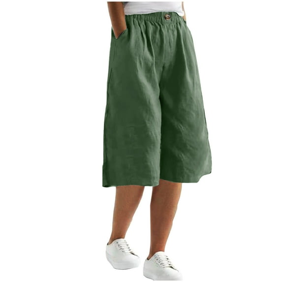 Womens Plus Size Capris Women's Capris Pants Summer Elastic Waist Buttons Casual Linen Pockets Pants Gifts for Family Army Green 3XL