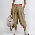 thumbnail image 1 of Womens Plus Size Capris Womens Boho Linen Capris Elastic Waist Pleated Lantern Cropped Baggy Pants with Pockets Khaki XL, 1 of 7
