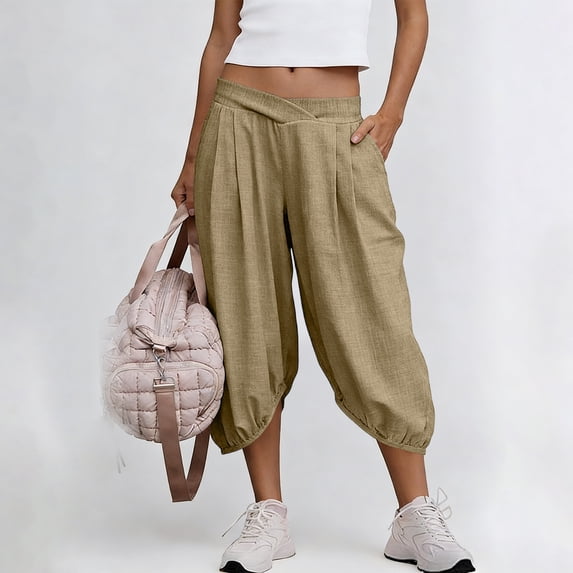Womens Plus Size Capris Womens Boho Linen Capris Elastic Waist Pleated Lantern Cropped Baggy Pants with Pockets Khaki XL