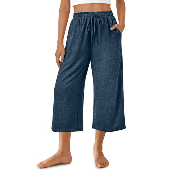 Womens Plus Size Capris Womens Summer Fashion Solid Casual Elastic Waist Wide Leg Pants Up to 65% Off Blue L