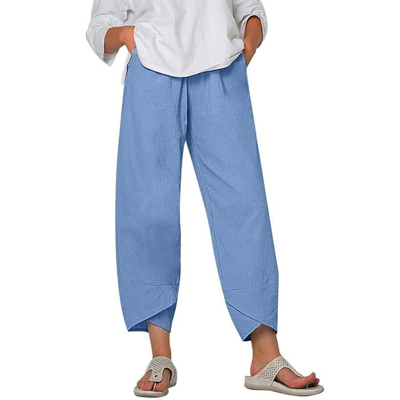 Womens Plus Size Capris for Summer New Women Casual Height Trimming and Waist Bouncing Solid Color and Linen Pants Cropped Pants Style B-4 Blue 4XL