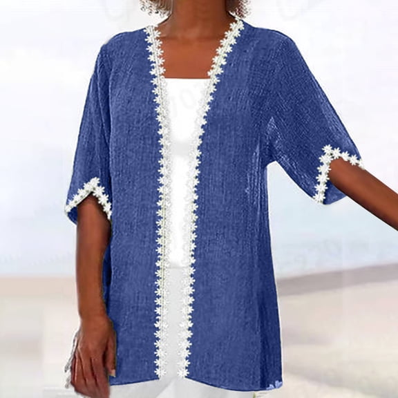 Womens Plus Size Cardigans S-5X Lightweight Open Front Elbow Length Sleeve Coats Ladies Casual Lace Splice Solid Loose Soft Cardigan
