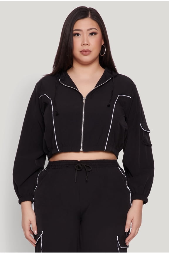 Womens Plus Size Cargo Pocket Sleeve Cropped Track Jacket