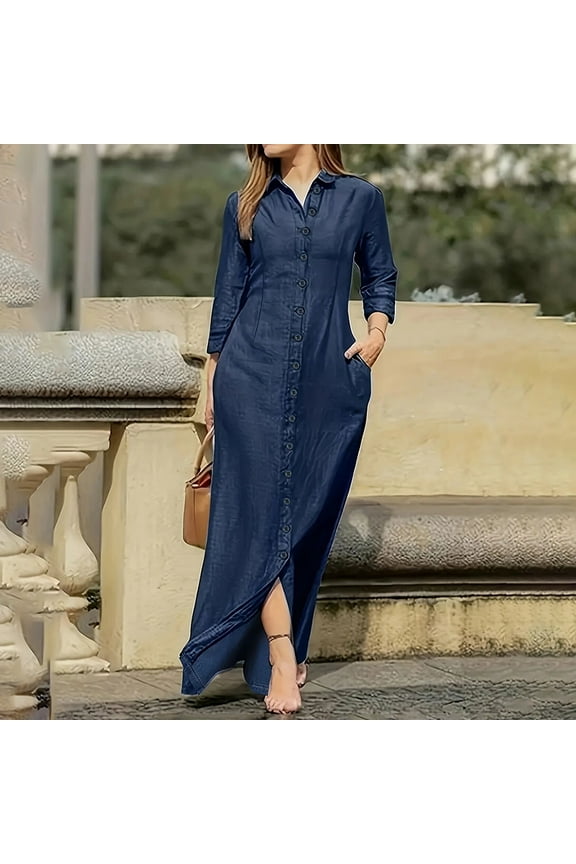 Womens Plus Size Casual Button Down Denim Maxi Dress Long Sleeve Long Jean Dresses With Pockets, 2XL