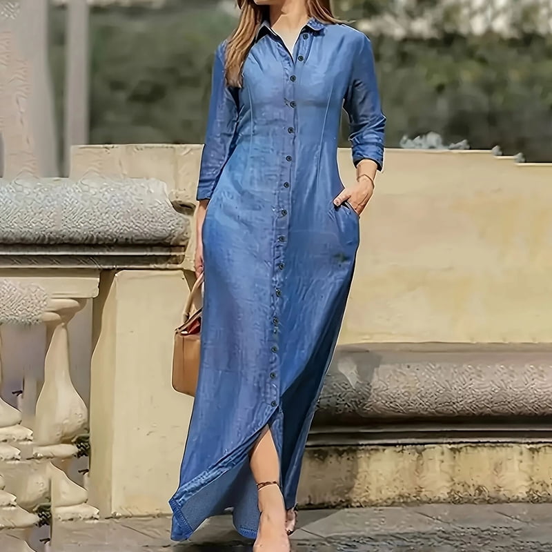 Womens Plus Size Casual Button Down Denim Maxi Dress Long Sleeve Long ...