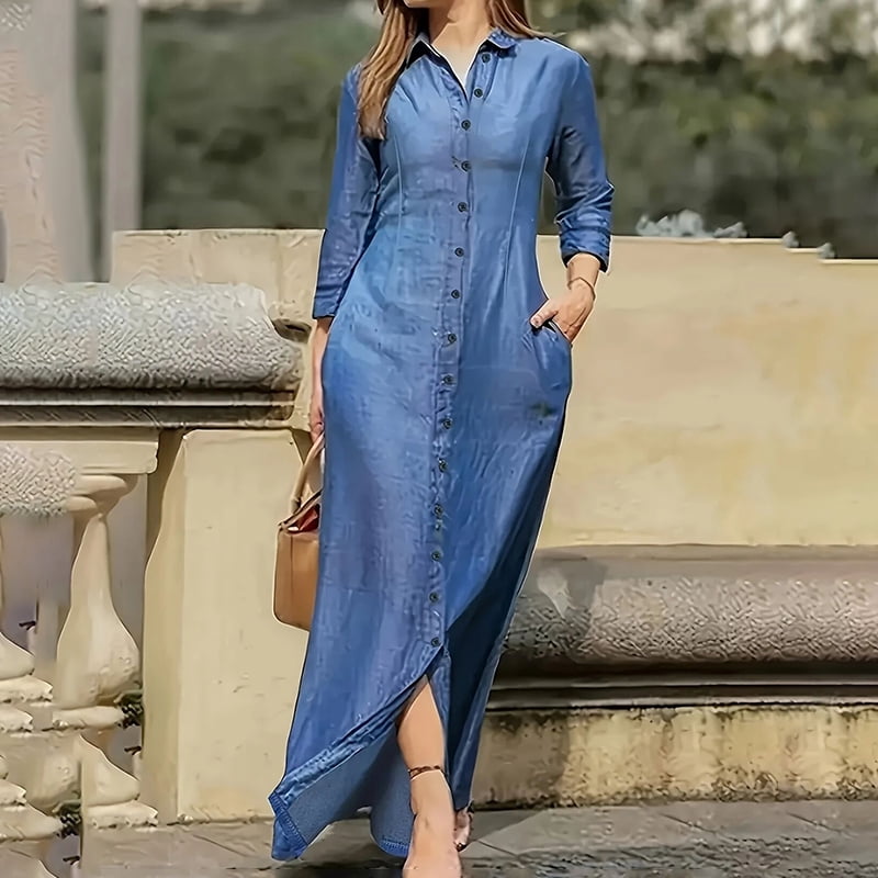 Waist casual button-down denim maxi dress main image 0