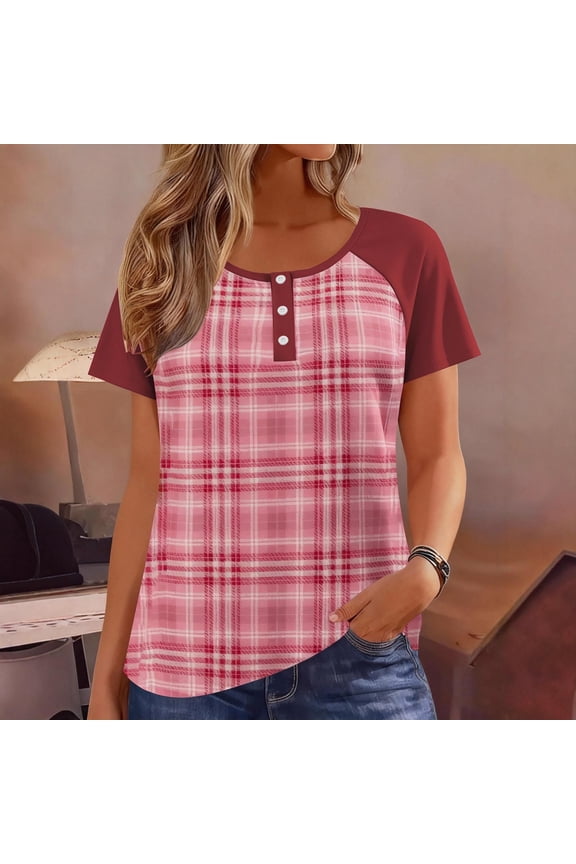 Womens Plus Size Casual Henley Top Short Sleeve Red Plaid Shirt Relaxed Fit Polyester Spandex Raglan Sleeve 3-Button Comfort Stretch Tee L-5XL,Size 5XL